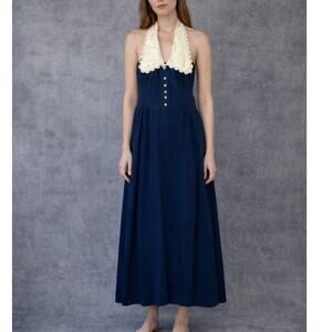 Vintage Navy Blue Halter Dress Lace Collar Cottage Luxe Small 7 Velour Victorian